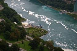Both Maid of the Mist docking areas viewed from Skylon Tower.jpg