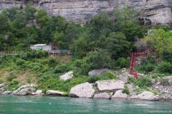 Niagara Falls Cave of the Winds and wooden stairs viewed from Maid of the Mist.jpg